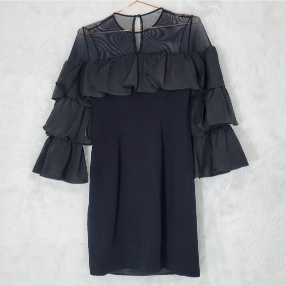 Cinq a Sept Valentina Ruffle Sleeve Mesh Shoulder Black Mini Dress 0 - Picture 3 of 11